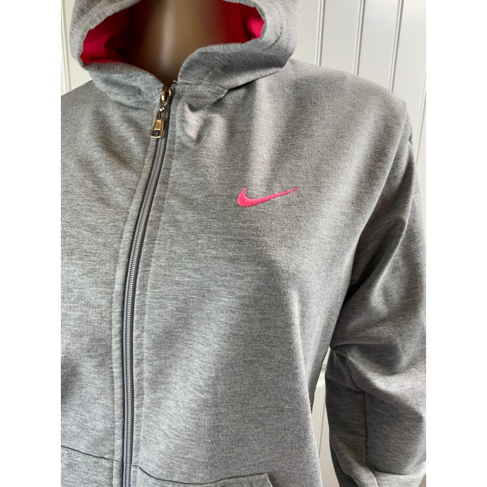 Nike Women's Gray Full Zip Hoodie Size 16 Yas Hot Pink Embroidered Logo Athletic - Picture 3 of 12